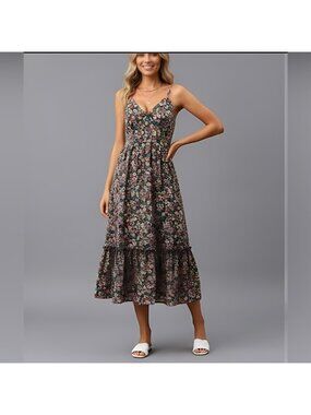 LAST ONE 🔥 Boho Ditsy Floral Print Split Thigh Cami Dress